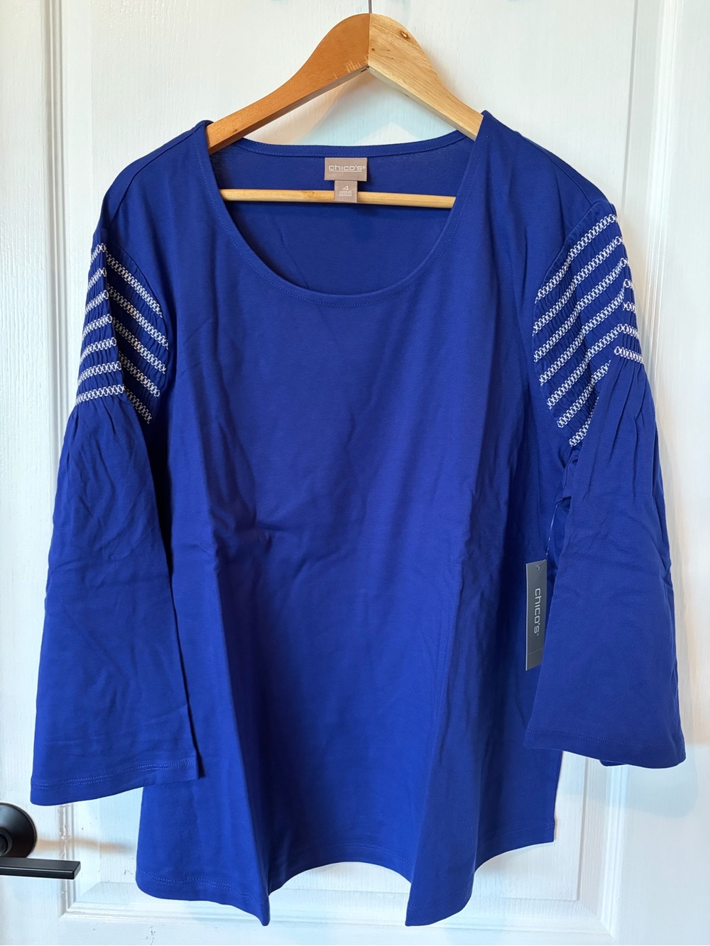 Chico's Royal Blue Scoop-Neck Long Sleeve Top with Embroidered Stripes